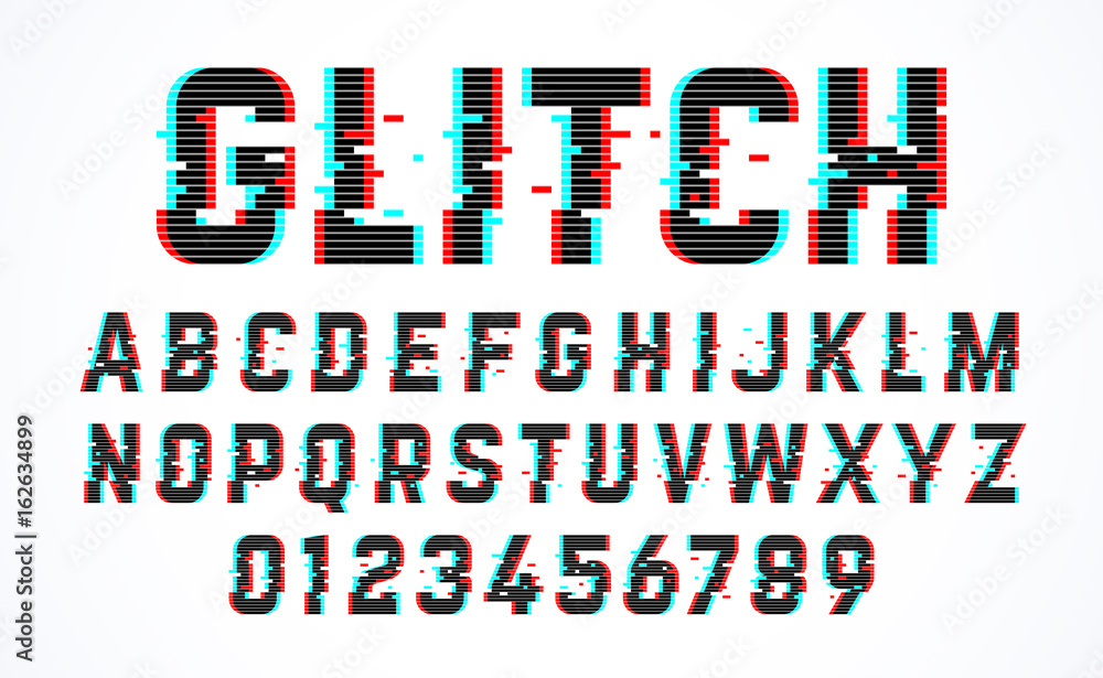Poster trendy style distorted glitch typeface. letters and numbers