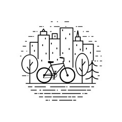 Line art bicycle design on the road in the park with big city view. Good for card,  banner, presentation, flyer, etc. Modern vector logo