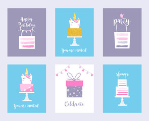 Cakes and Unicorns. Birthday Cards, Shower Invitations