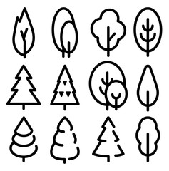 Isolated black and white color trees illustrations. Lineart style vector forest icon and logo set. Park and garden flat signs collection.
