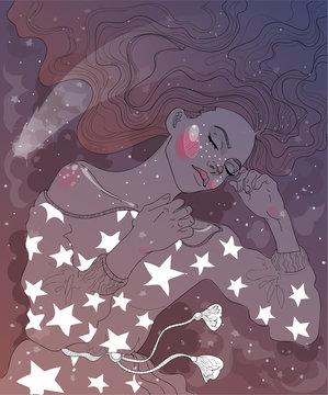 beautiful girl sweetly sleep silhouette on starry sky background vision