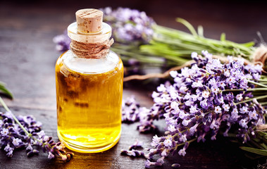 Corked bottle of lavender essential oil