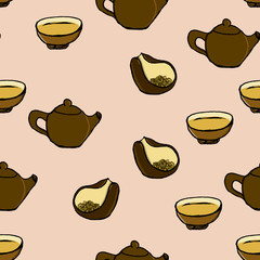Seamless vector pattern in the hand-drawn style. A simple picture showing a clay teapot, a cup with a brewed drink and a bowl with a dry tea leaves