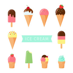 Set of ice cream cones, isolated and white background