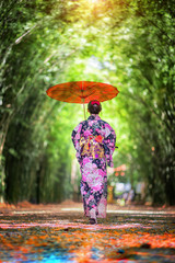 japanese lady walking in road charming of bamboo row with bamboo grove in background