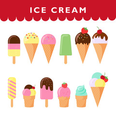 Ice cream cone isolated vector set on a white background. Vanilla, chocolate, fruit ice cream.