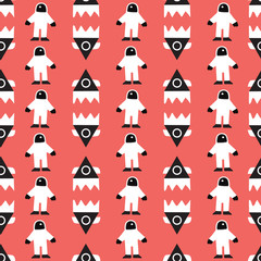 Trendy fashion pattern with spaceman and rocket. Seamless vector. Red background.