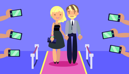 Fototapeta premium Fashionable couple on red carpet with paparazzi's hands taking photoes with phones. Flat style. Layered illustration. Can be used for motion design or another design project.