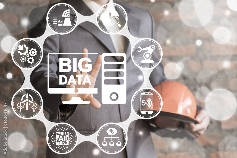 Poster big data analysis industry 4.0 concept. business man represent computer big data icon on virtual scr