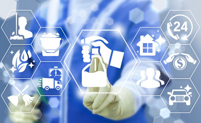 Clean Services Business Concept. Cleaner woman in uniform presses button hand sprayer and cleaning...