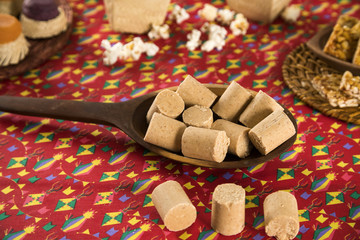 Pacoca - brazilian candy of ground peanut of festivity festa junina decoration.