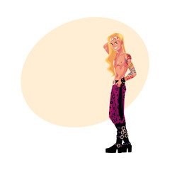 Young man with blond long hair, bare chest, tatoo dressed as glam rock star, cartoon vector illustration with space for text. Full length portrait of young man dressed as glam rock star