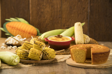 Grilled corn on the table with typical Brazilian junina food