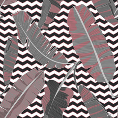 Fototapeta na wymiar Seamless hand drawn tropical pattern with palm banana leaves, jungle exotic leaf in black and white color on chevronbackground