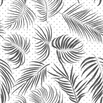 Seamless hand drawn tropical pattern with areca leaves, jungle exotic leaf on white background