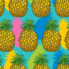 Fototapety  Wektor wzór z konspektu Ananas lub ananas w jasnym kolorze na turkusowym tle. Wzór owocowy z wieloletnią rośliną tropikalną w stylu konturu do egzotycznego letniego projektu.