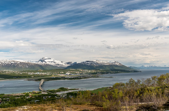 Panoramic view of Tromso ( Tromsø ) a town beyond the polar circle. Norway.
