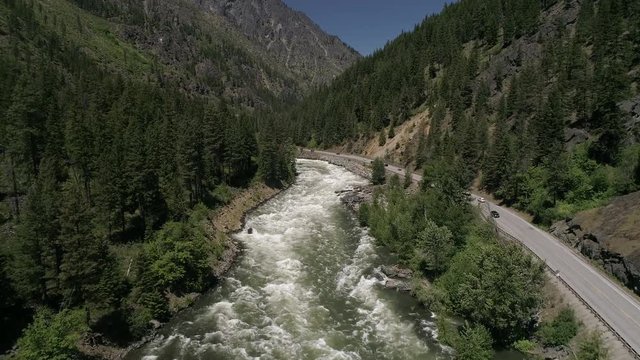 Aerial Flying Over Wenatchee River at Tumwater Canyon with Cars Traveling on Highway 2 in Washington