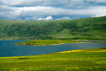 Lake Aktas and Kenarbel Village.Cildir district of Ardahan City.This lake located on Turkish-Georgian border.