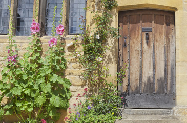 Traditional stone house with brown wooden doors, rose bush, flowering pink hollyhocks and other cottage garden plants .