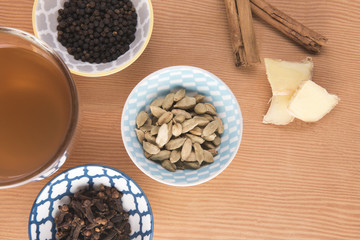 Chai tea surrounded with the ingredients 