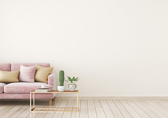 Livingroom interior wall mock up with pink velvet sofa and pillows on light beige wall background with free space on right. 3d rendering.
