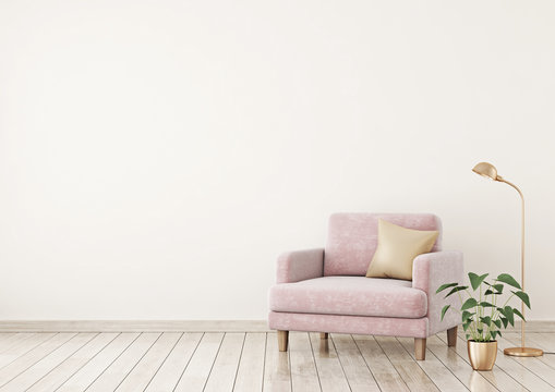 Interior poster mock up with pink velvet armchair, pillow and plants on light beige wall background with free space on left. 3d rendering.