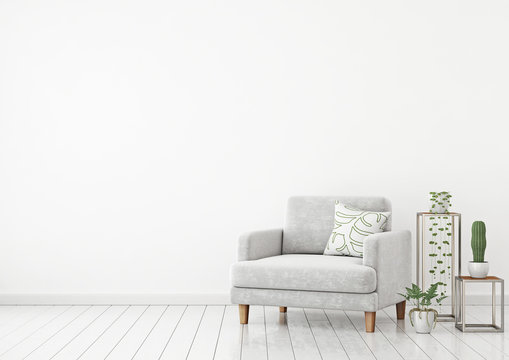 Scandinavian style interior wall mock up with gray velvet armchair, pillow and plants on white wall background with free space on left. 3d rendering.