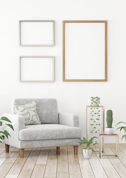 Interior poster mock up with three frames composition on the wall in scandinavian style livingroom. 3d rendering.