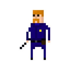 Pixel character of a policeman in the uniform for games and applications