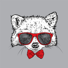 A cute raccoon with glasses and a tie. Vector illustration for a postcard or a poster, print for clothes. Wild animal in clothes.