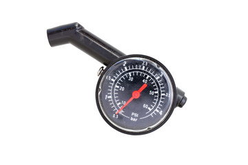 Hand holding pressure gauge for car tyre pressure measurement,isolated on white background with clipping path.