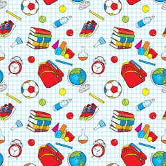 A set of beautiful school supplies. Geometric shapes, water with apple, globe, sneakers, ball, alarm clock, books and chemical flasks. Vector illustration. Seamless background.