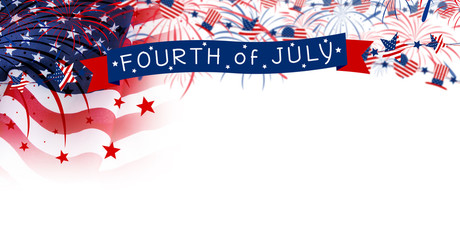 America flag with fireworks on white background for USA 4 july independence day - obrazy, fototapety, plakaty