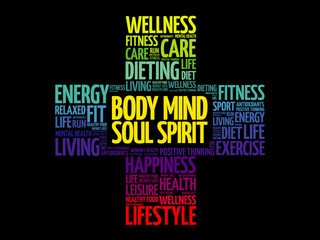 Body Mind Soul Spirit word cloud, health cross concept