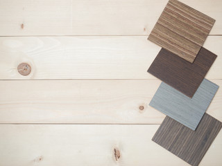 Samples of veneer wood on woodenbackground. interior design select material for idea.