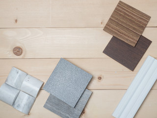 Samples of material, wood , color , on wooden table.Interior design select material for idea.Interior design select material for idea.