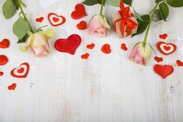 Pink roses,  gift and hearts