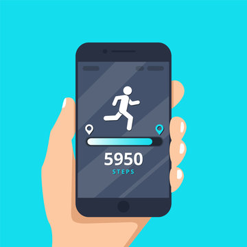 Fitness tracking app on mobile phone screen vector illustration flat cartoon style, smartphone with run tracker