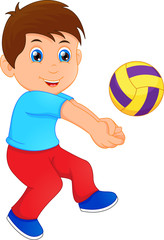 Funny little boy playing volley ball