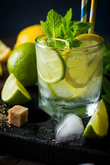Mojito cocktail in  glass with lime, fresh mint and ice on a dark background. Selective focus.
