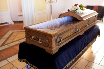 coffin at funeral in church