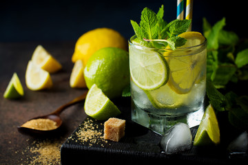 Mojito cocktail in  glass with lime, fresh mint and ice on a dark background. Selective focus.