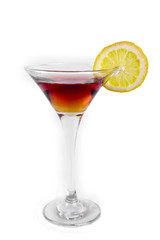 Red and Yellow Cocktail with a slice of Lemon