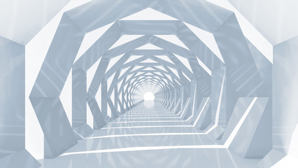 Shining blue tunnel interior perspective, 3d