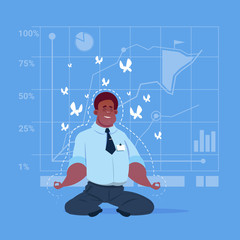 African American Business Man Sit Yoga Lotus Pose Relaxing Meditation Concept Flat Vector Illustration