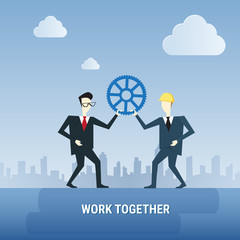 Two Business Men Hold Cog Wheel Work Together Ponder Think Strategy Concept Flat Vector Illustration