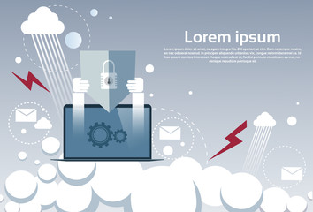 Naklejka premium Laptop Computer Device Data Protection Cloud Storage Security Flat Vector Illustration