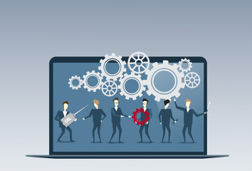 Business People Group Under Cog Wheel Work Together Brainstorming Process Strategy Concept Flat Vector Illustration