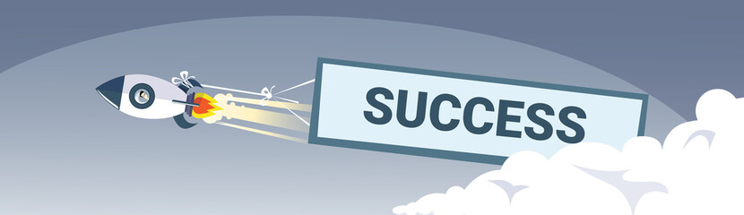 Flying Space Ship Rocket With Success Banner New Stratup Successful Business Project Concept Flat Vector Illustration